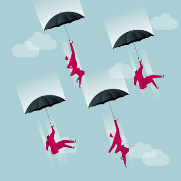 一群商人使用雨伞空降