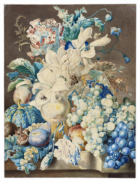 科内利斯凡斯潘德克篮中的鲜花和瓜果