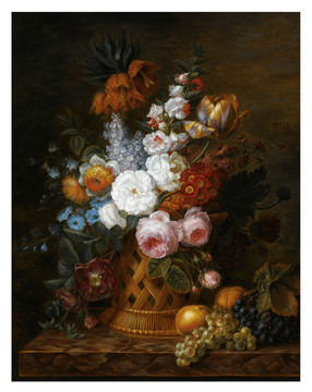科内利斯凡斯潘德克大理石桌上花篮中盛开的花朵