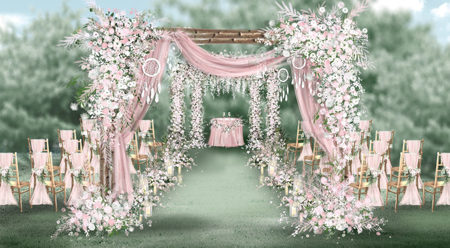 粉色户外婚礼手绘