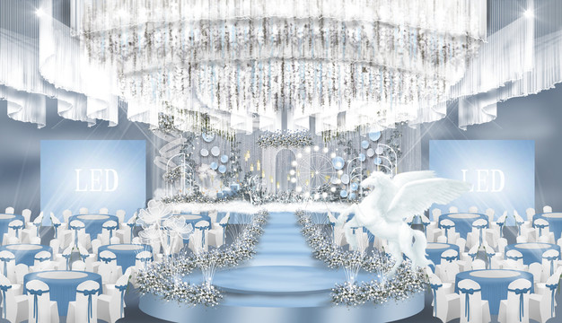 蓝白色婚礼舞台宴会厅设计