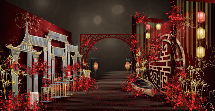 新中式红色婚礼迎宾区设计效果图