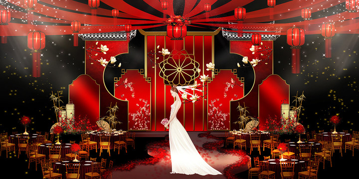 新中式红色舞台婚礼背景