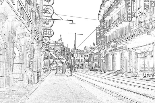 旧上海街景线描