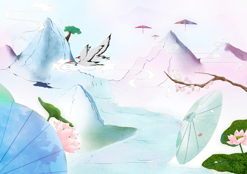 水彩中国风山水风景画