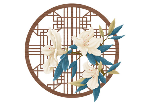 中国风古典花卉圆形窗户