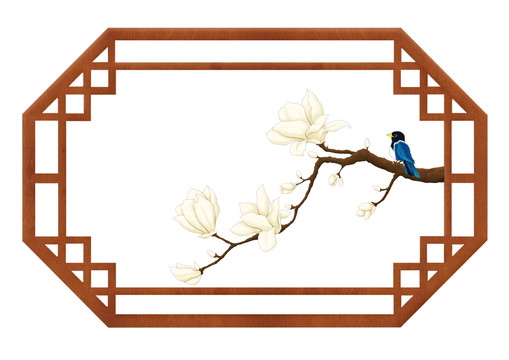 中国风古典木质多边形窗户花卉鸟
