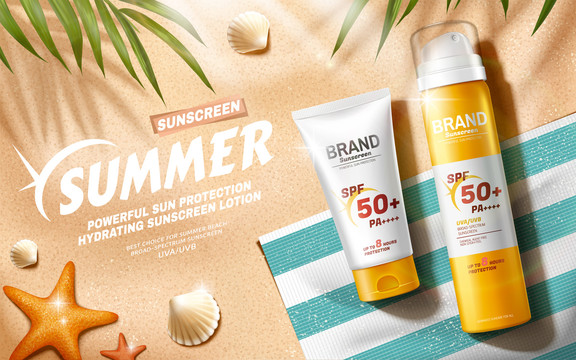 夏日防晒广告与沙滩背景