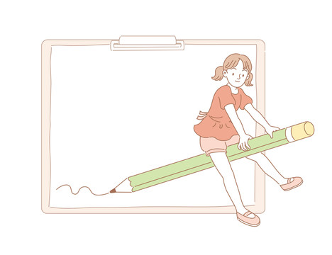 小女孩骑着绿色铅笔