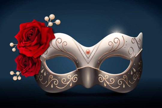 银色嘉年华面具与玫瑰花装饰
