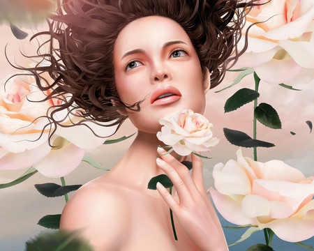 头发飘逸的半身女模特与玫瑰背景插图