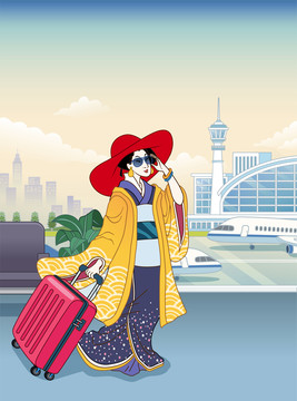 浮世绘风机场里拉着行李的时尚女性