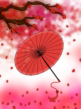梅花树落叶下的古典雨伞