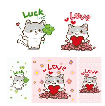 原创手绘可爱小猫Luck四叶草