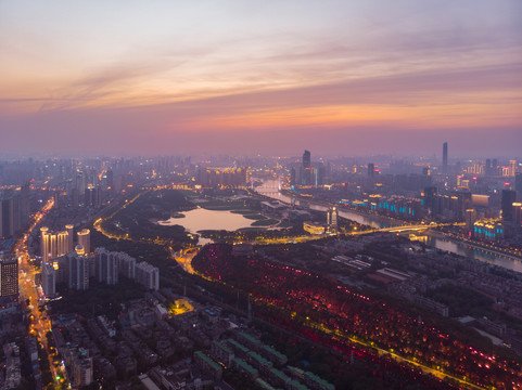 湖北武汉城市航拍傍晚和夜景风光