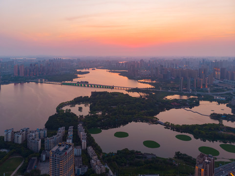 湖北武汉城市航拍傍晚和夜景风光