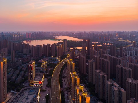 湖北武汉城市航拍傍晚和夜景风光