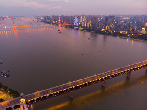 湖北武汉城市航拍傍晚和夜景风光