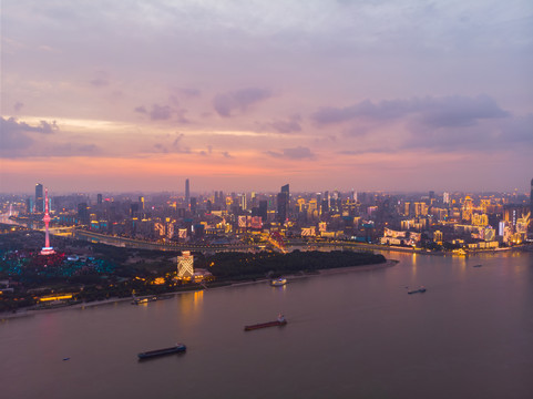 湖北武汉城市航拍傍晚和夜景风光