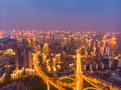 湖北武汉城市航拍傍晚和夜景风光