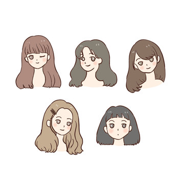 五种刘海发型手绘卡通元素