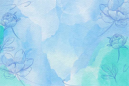青色水彩绘花朵背景装饰画