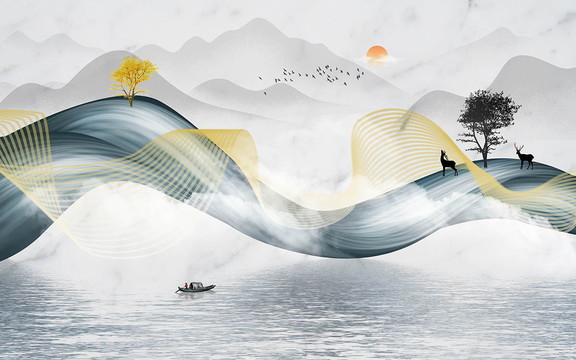 新中式抽象线条山水背景墙