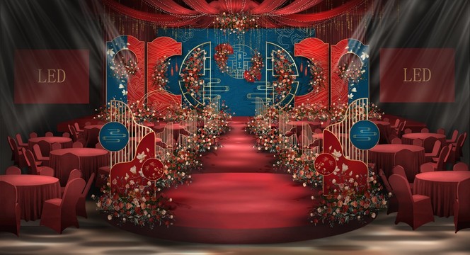 红蓝色新中式婚礼舞台设计