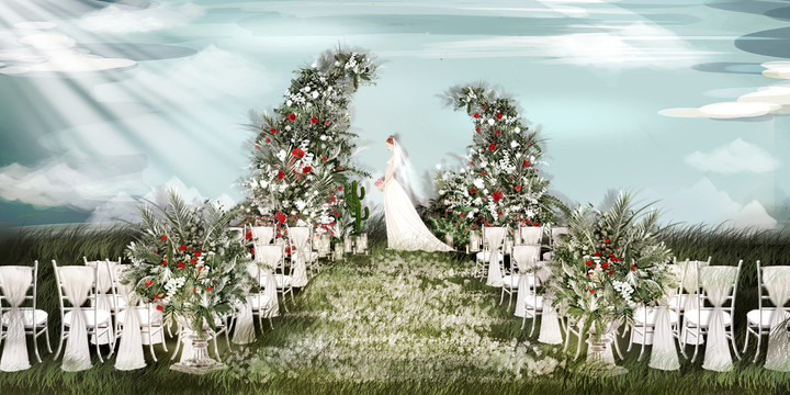 户外草坪红白绿婚礼效果图