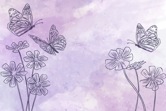 紫色手绘蝴蝶花朵背景装饰画