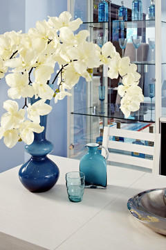 餐桌上蓝色花瓶里的白色蝴蝶兰