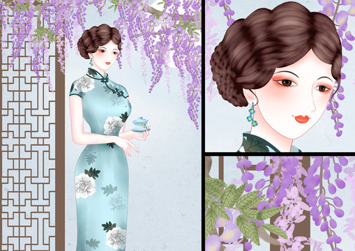 紫藤花旗袍美女