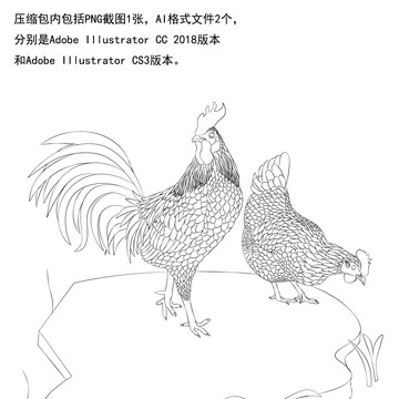 公鸡和母鸡手绘线稿图AI格式
