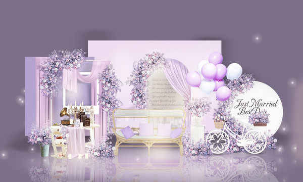 浅紫色小清新婚礼手绘效果图