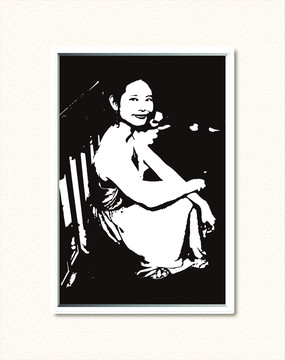 剪影插画版画美女蹲着仰望印花