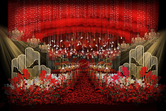 红色仪式区婚礼手绘场景