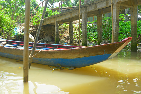 越南九龙江风景区游船码头的小船