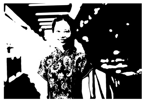 旗袍美女剪影插画版画黑白插画