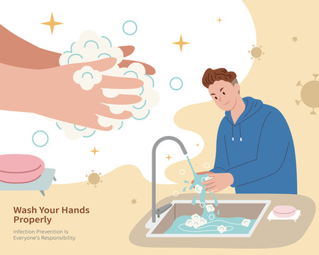 疫情期间勤洗手的男子插画