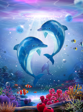 嬉戏海豚与美丽海底世界插图
