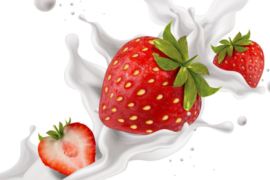 巨大草莓与泼溅牛奶或优格