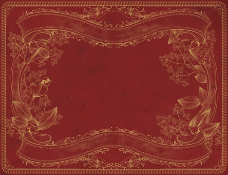 红色优雅线条装饰边框与小鸟