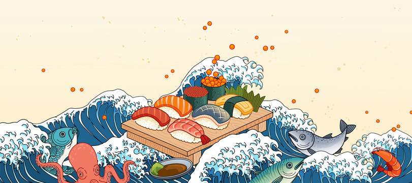 浮世绘寿司吧插图与海浪背景