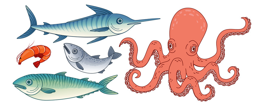 浮世绘风格海洋生物集合插图
