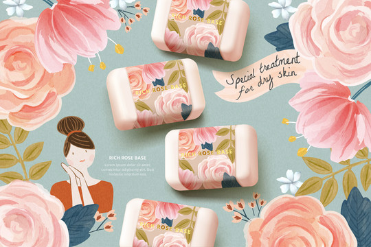 玫瑰手工皂广告与水彩风花朵背景