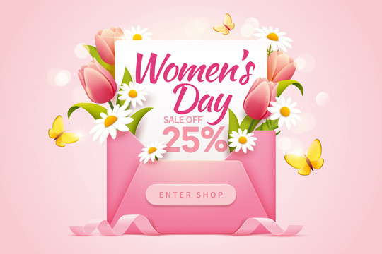粉色信封与花朵装饰女人节促销