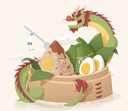 端午节攀附在肉粽旁的中国龙插图