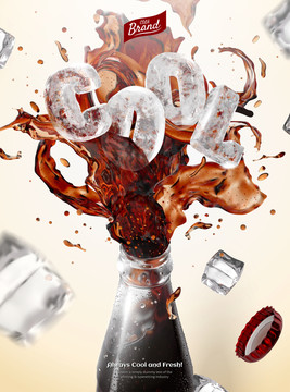 竖幅喷溅碳酸饮料广告与造型冰块字符素