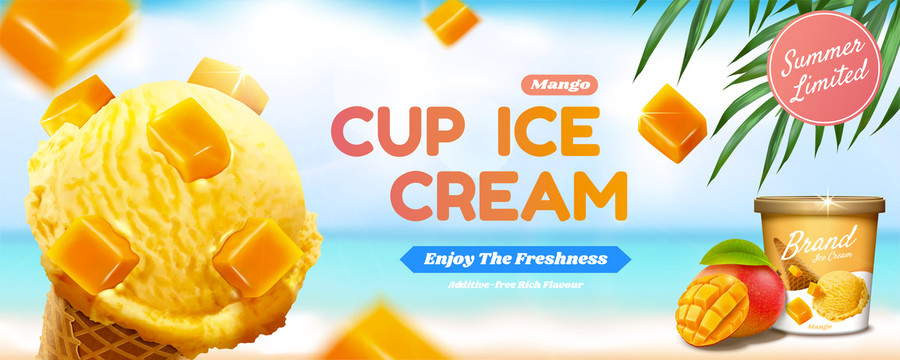 夏日模糊沙滩背景的芒果冰淇淋横幅广告