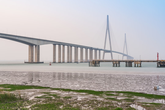 横跨长江的苏通大桥和自然风光